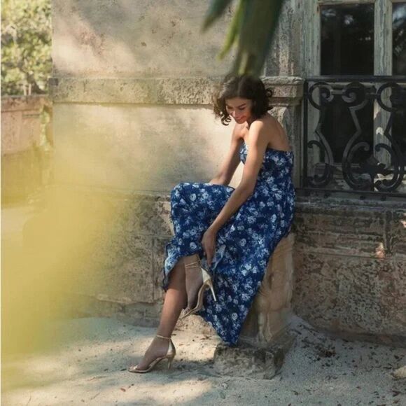 Mac Duggal 68617 Womens Size 10 Blue White Floral‎ Brocade Strapless Midi Dress - Picture 5 of 8